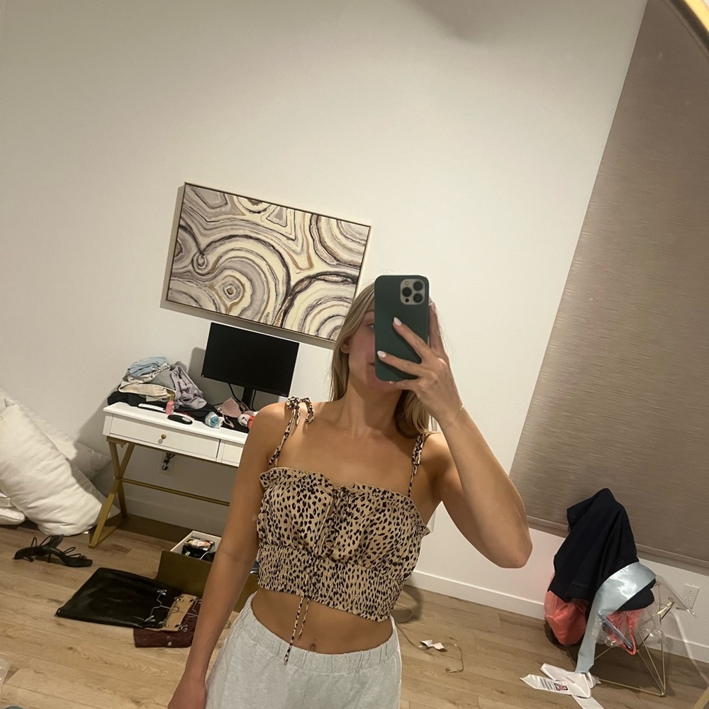 Princess Polly Beige and Black Leopard Print Tie-Strap Cropped Tank